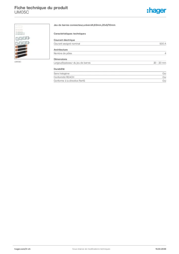 Image Hager Fiche technique du produit UM05C | Hager Suisse