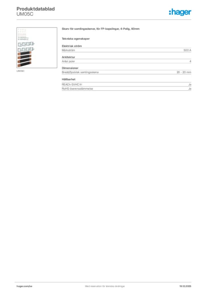 Bild Hager Produktdatablad UM05C | Hager Sverige