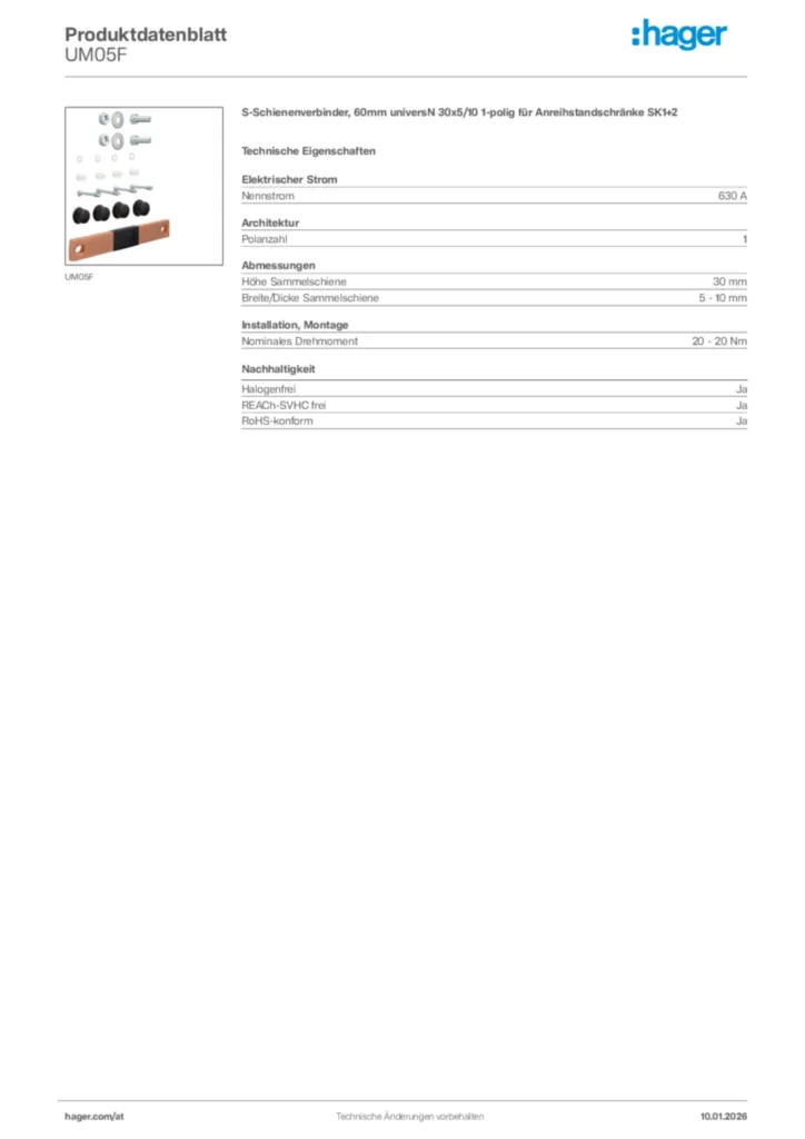 Bild Hager Produktdatenblatt UM05F | Hager Deutschland