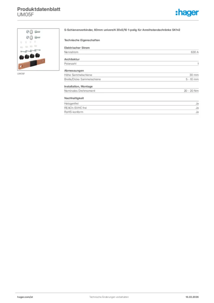 Bild Hager Produktdatenblatt UM05F | Hager Deutschland