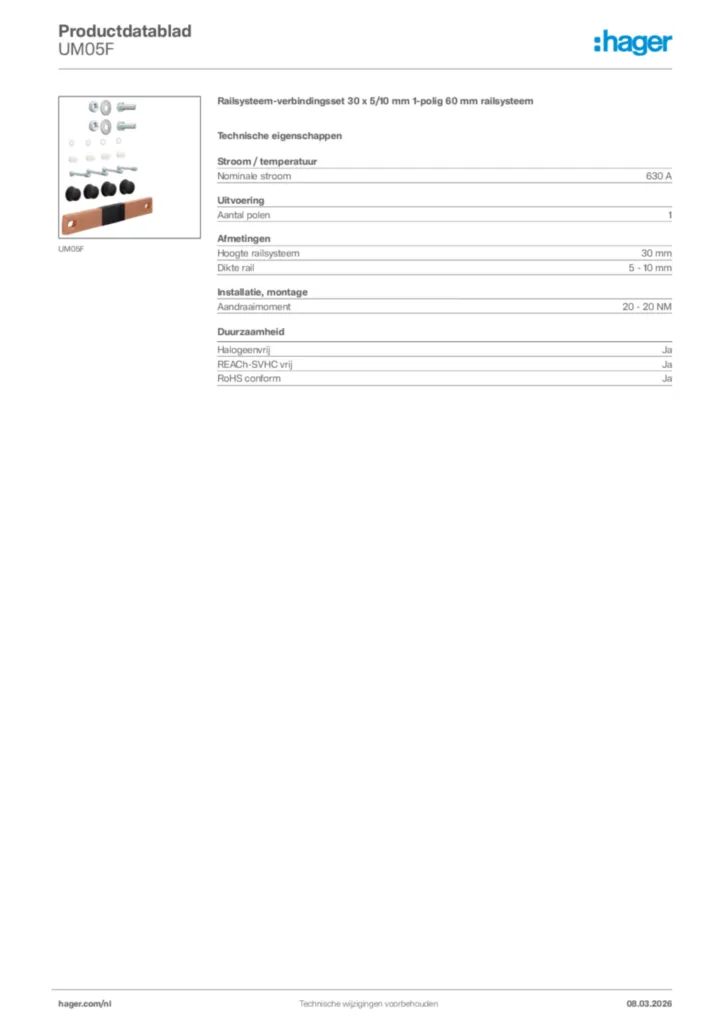 Afbeelding Hager Productdatablad UM05F | Hager Nederland