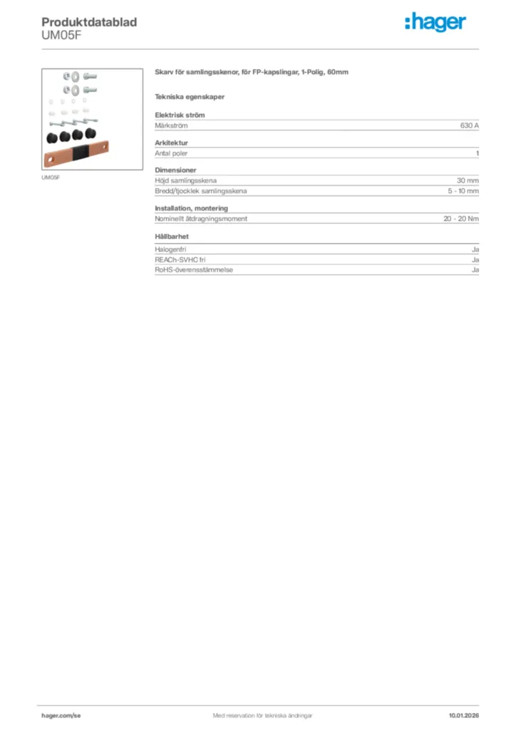 Bild Hager Produktdatablad UM05F | Hager Sverige