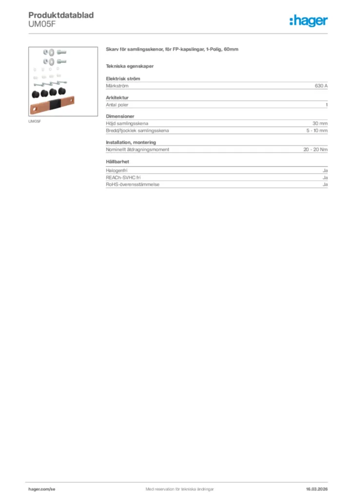 Bild Hager Produktdatablad UM05F | Hager Sverige