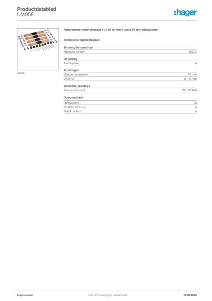 Afbeelding Hager Productdatablad UM05E | Hager Nederland