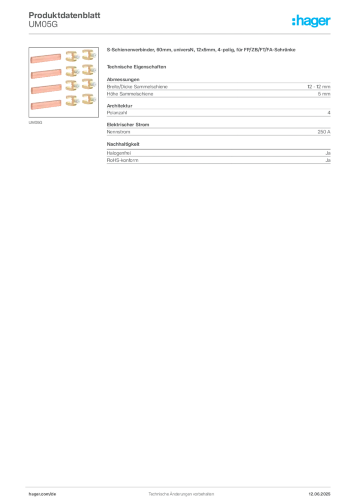 Hager Produktdatenblatt UM05G