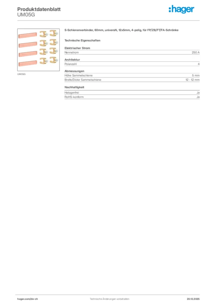 Bild Hager Produktdatenblatt UM05G | Hager Schweiz
