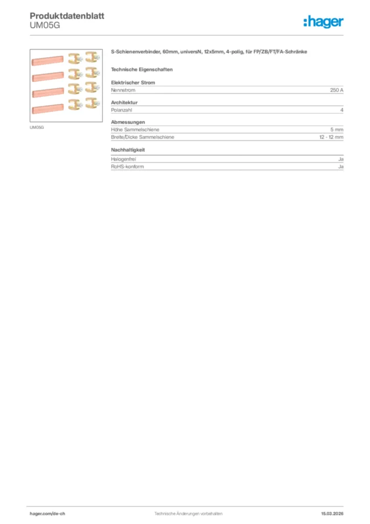 Bild Hager Produktdatenblatt UM05G | Hager Schweiz