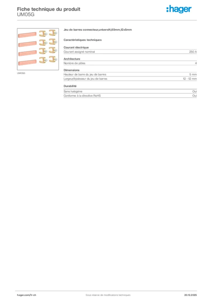 Image Hager Fiche technique du produit UM05G | Hager Suisse