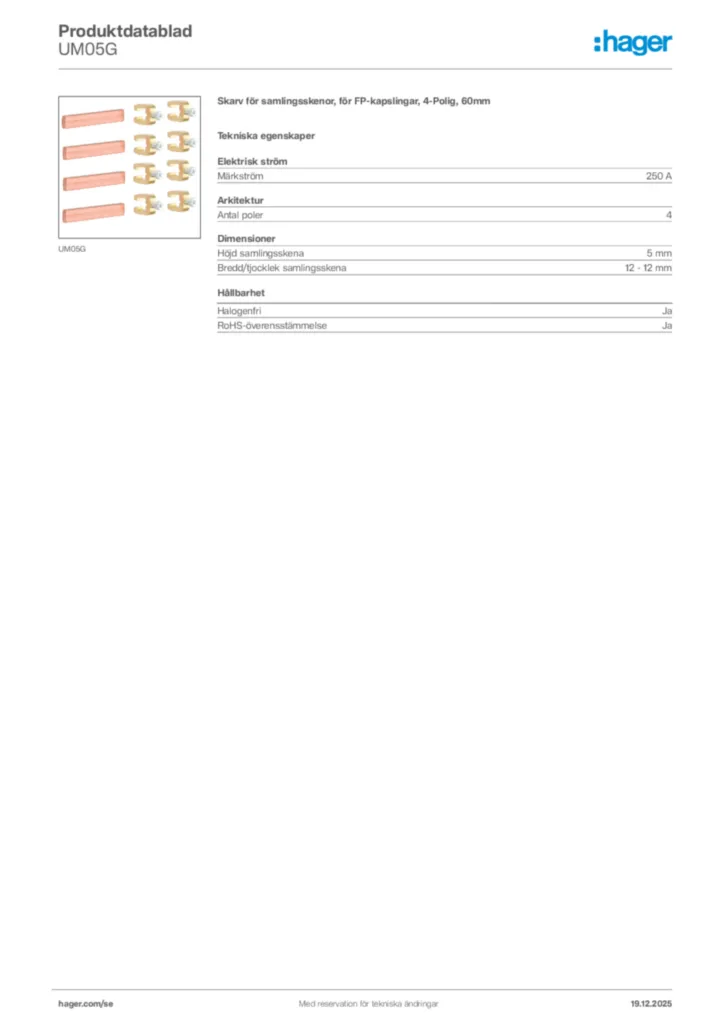 Bild Hager Produktdatablad UM05G | Hager Sverige