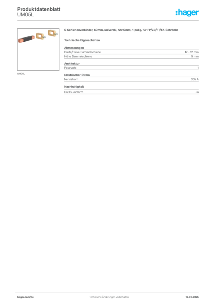 Hager Produktdatenblatt UM05L