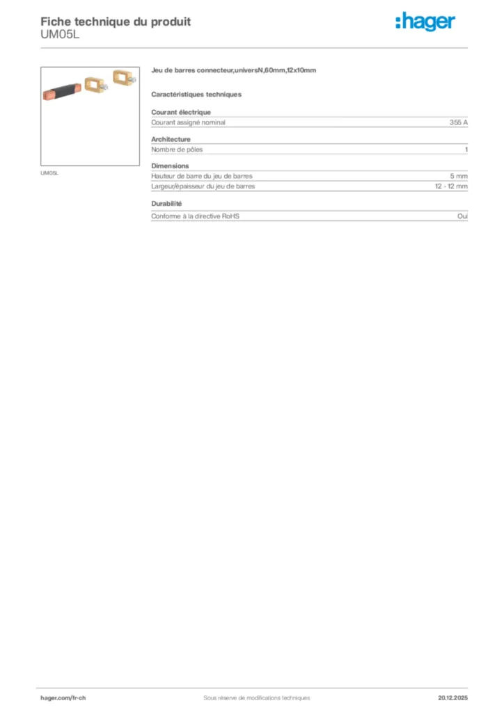 Image Hager Fiche technique du produit UM05L | Hager Suisse
