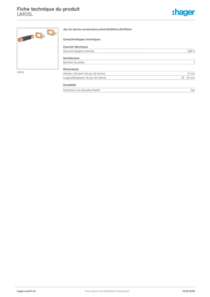 Image Hager Fiche technique du produit UM05L | Hager Suisse