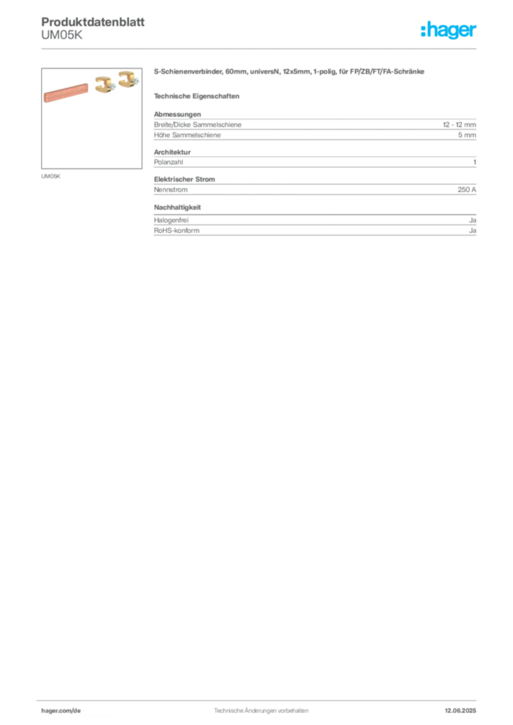 Hager Produktdatenblatt UM05K