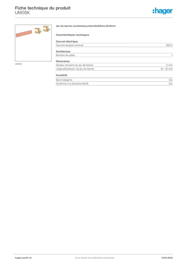 Image Hager Fiche technique du produit UM05K | Hager Suisse