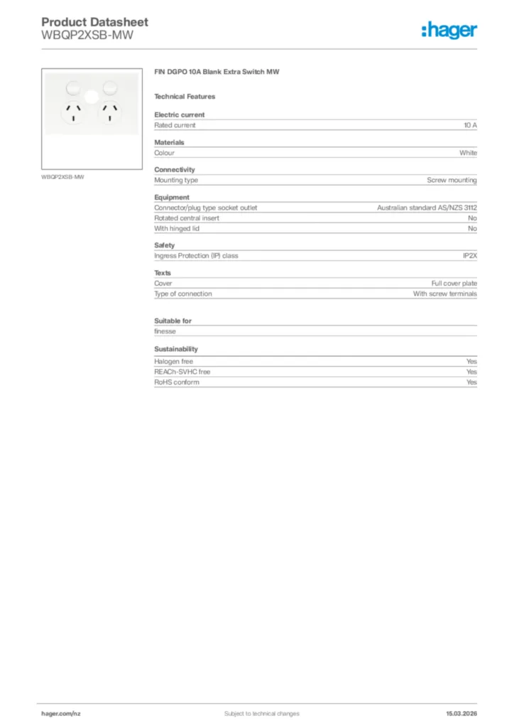 Image Hager Product data sheet WBQP2XSB-MW  | Hager New Zealand