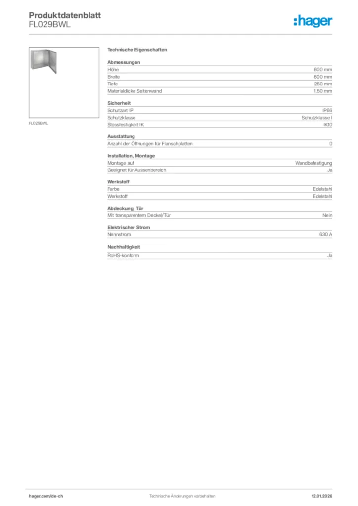 Bild Hager Produktdatenblatt FL029BWL | Hager Schweiz