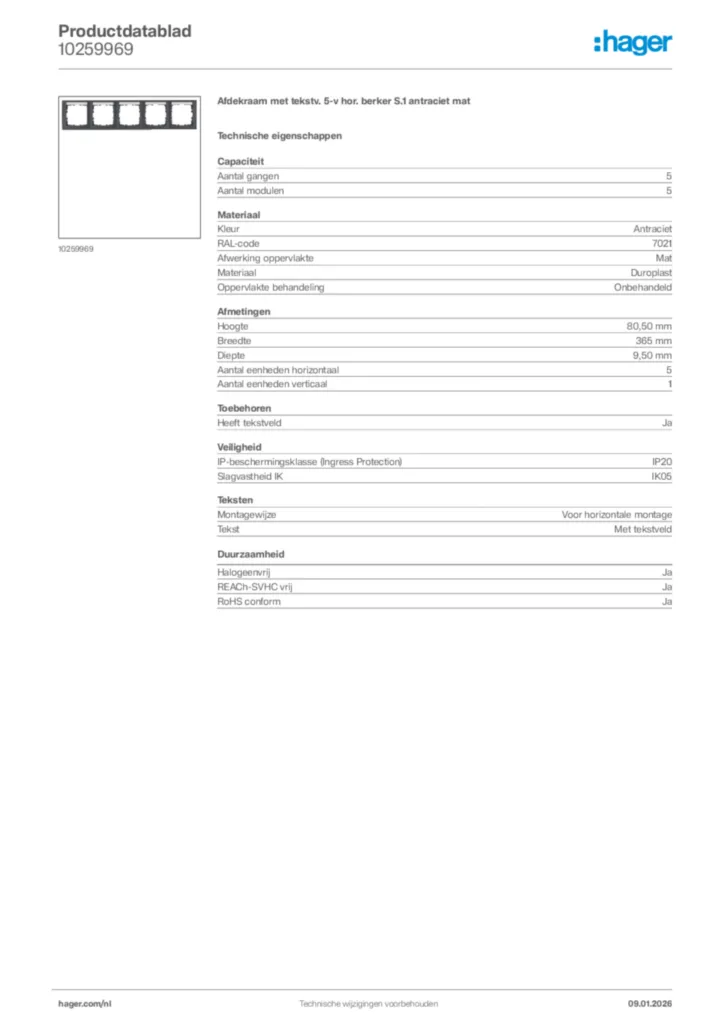 Afbeelding Hager Productdatablad 10259969 | Hager Nederland