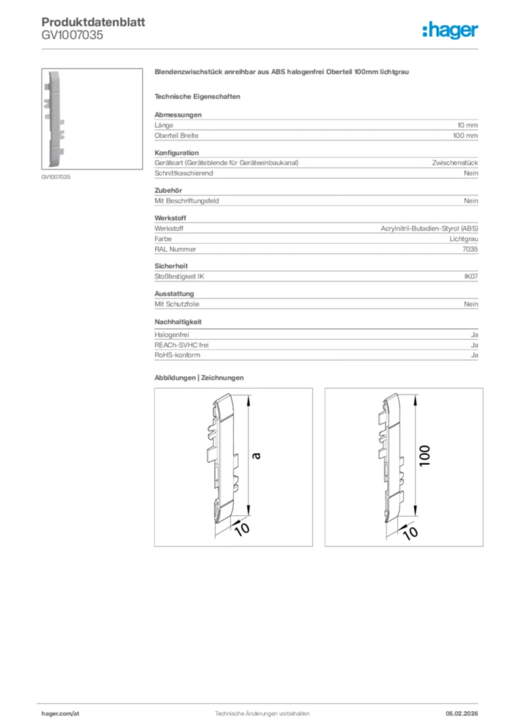 Bild Hager Produktdatenblatt GV1007035 | Hager Deutschland