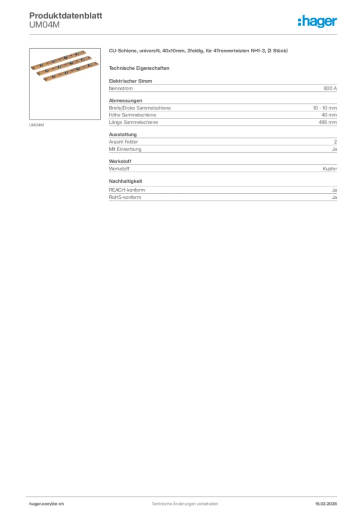 Bild Hager Produktdatenblatt UM04M | Hager Schweiz