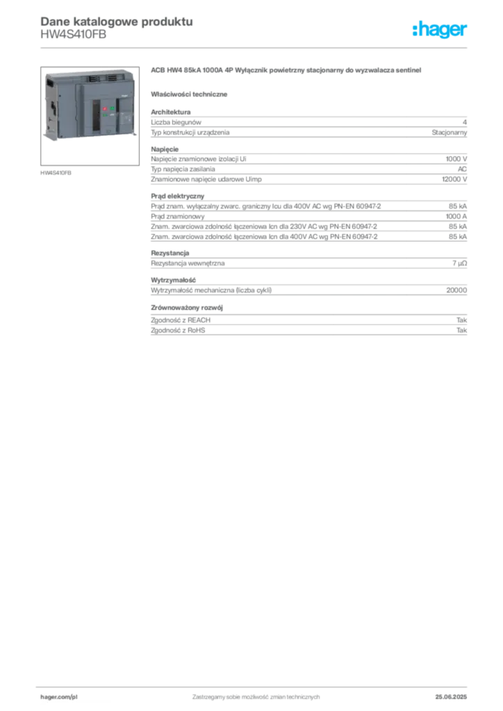 Zdjęcie Hager Karta katalogowa HW4S410FB | Hager Polska