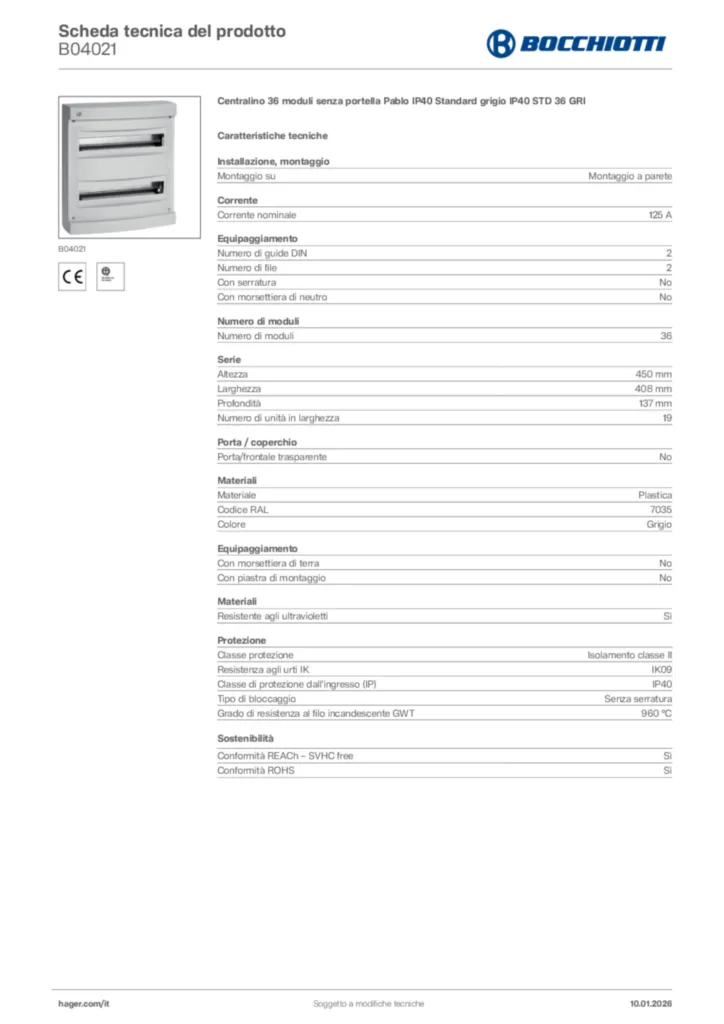 Immagine Bocchiotti Scheda tecnica del prodotto B04021 | Hager Italia