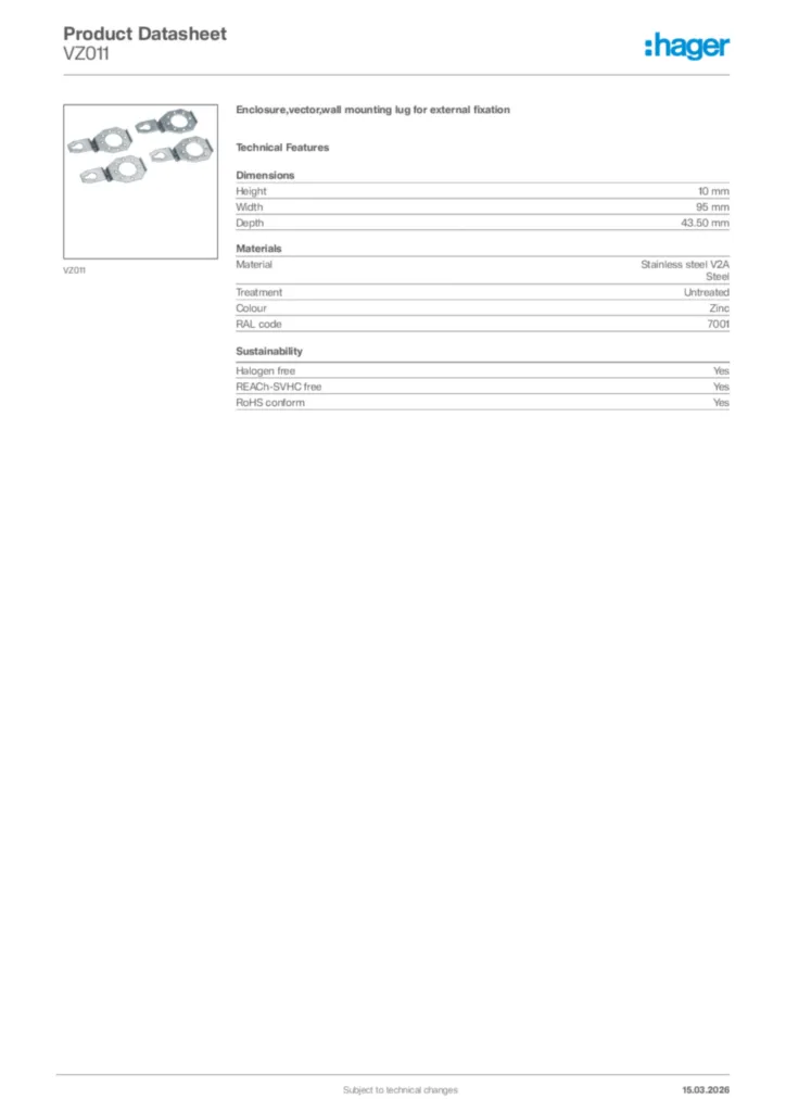 Image Hager Product data sheet VZ011  | Hager Africa