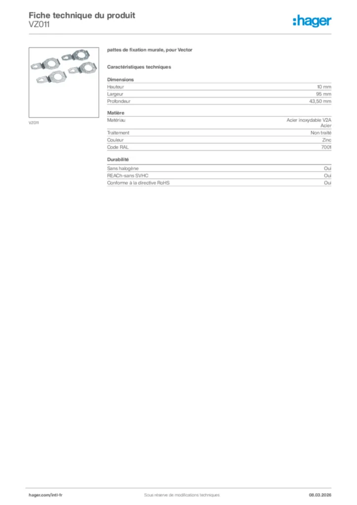 Image Hager Fiche technique du produit VZ011 | Hager Afrique