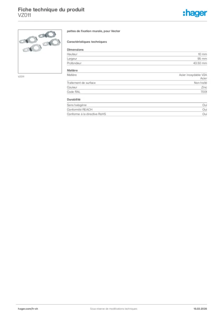 Image Hager Fiche technique du produit VZ011 | Hager Suisse