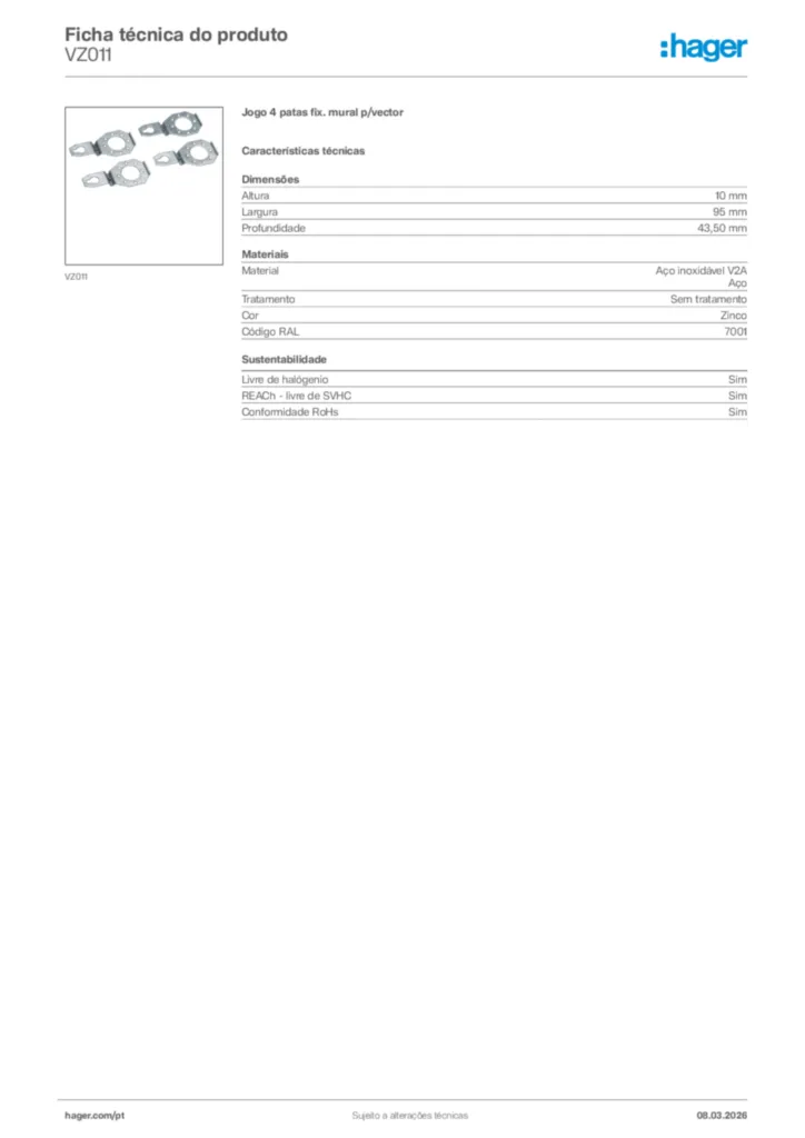 Imagem Hager Ficha técnica do produto VZ011 | Hager Portugal