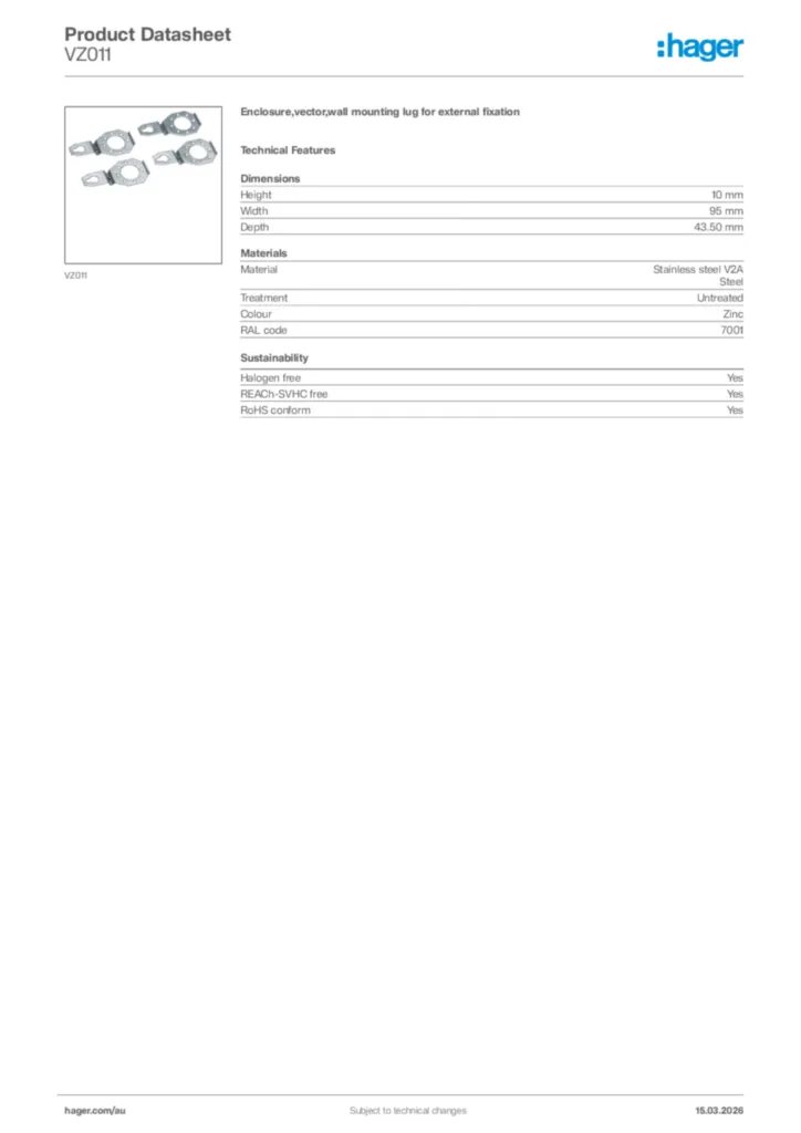 Image Hager Product data sheet VZ011  | Hager Australia