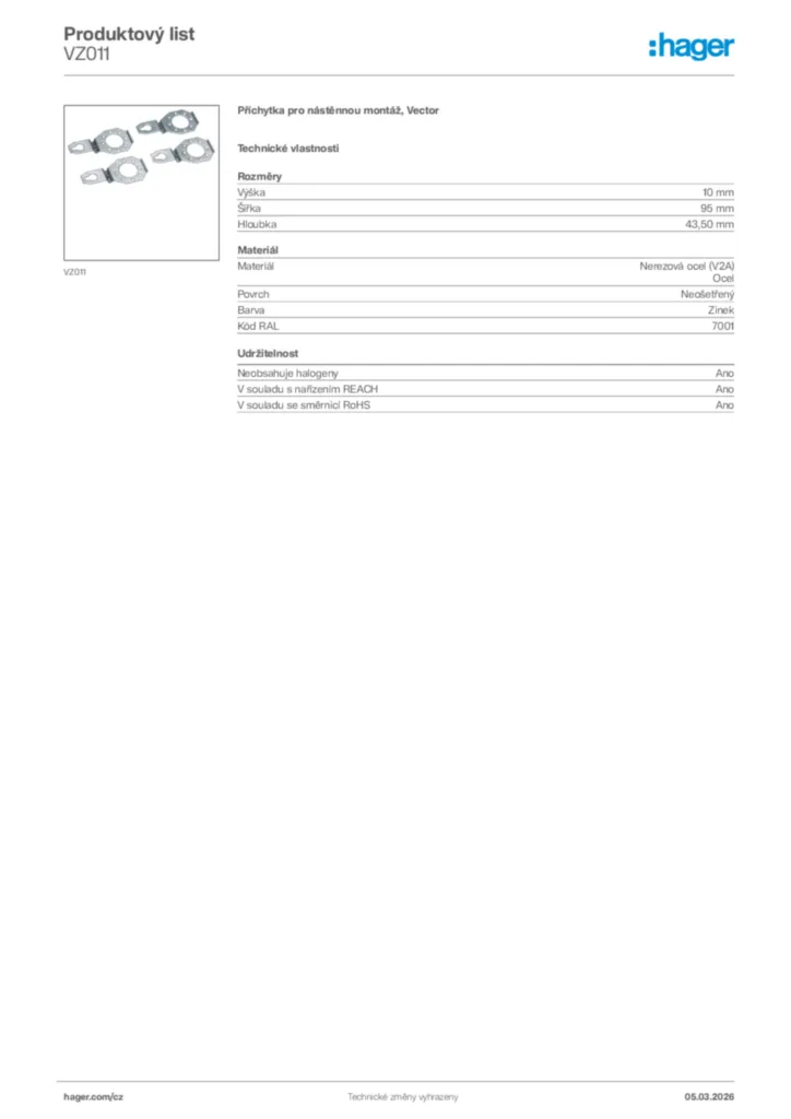 Obrázek Hager Product data sheet VZ011 | Hager