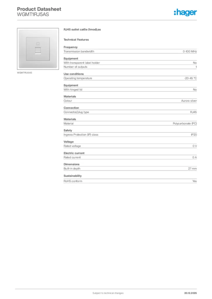 Image Hager Product data sheet WGMT1RJ5AS  | Hager Africa