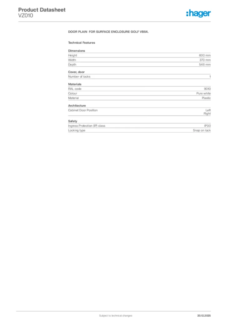 Image Hager Product data sheet VZ010  | Hager Africa