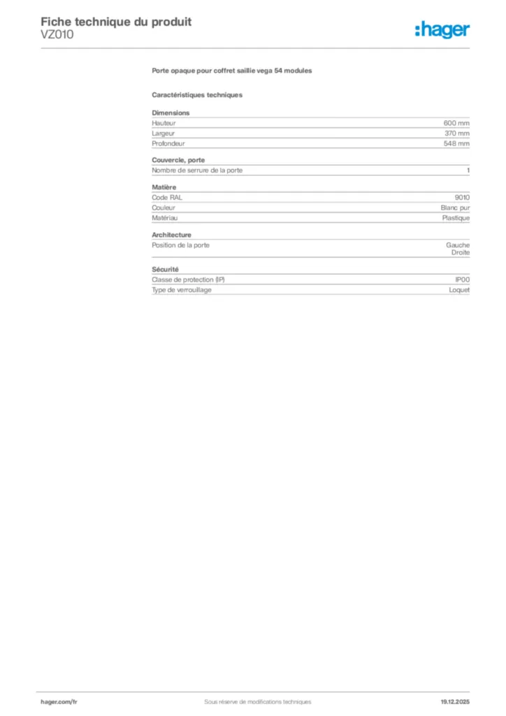 Image Hager Fiche technique du produit VZ010 | Hager France