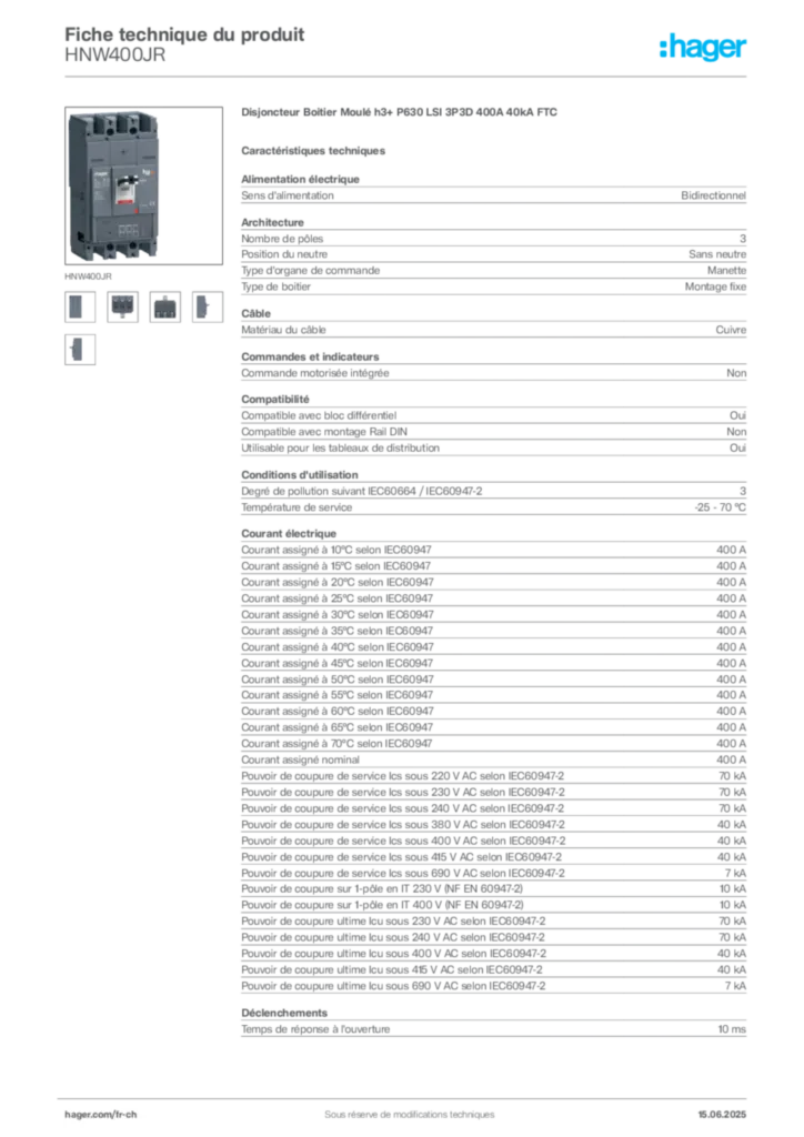 Image Hager Fiche technique du produit HNW400JR | Hager Suisse