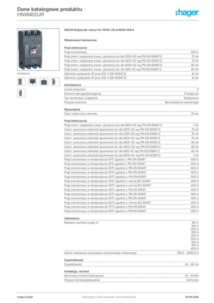 Zdjęcie Hager Karta katalogowa HNW400JR | Hager Polska