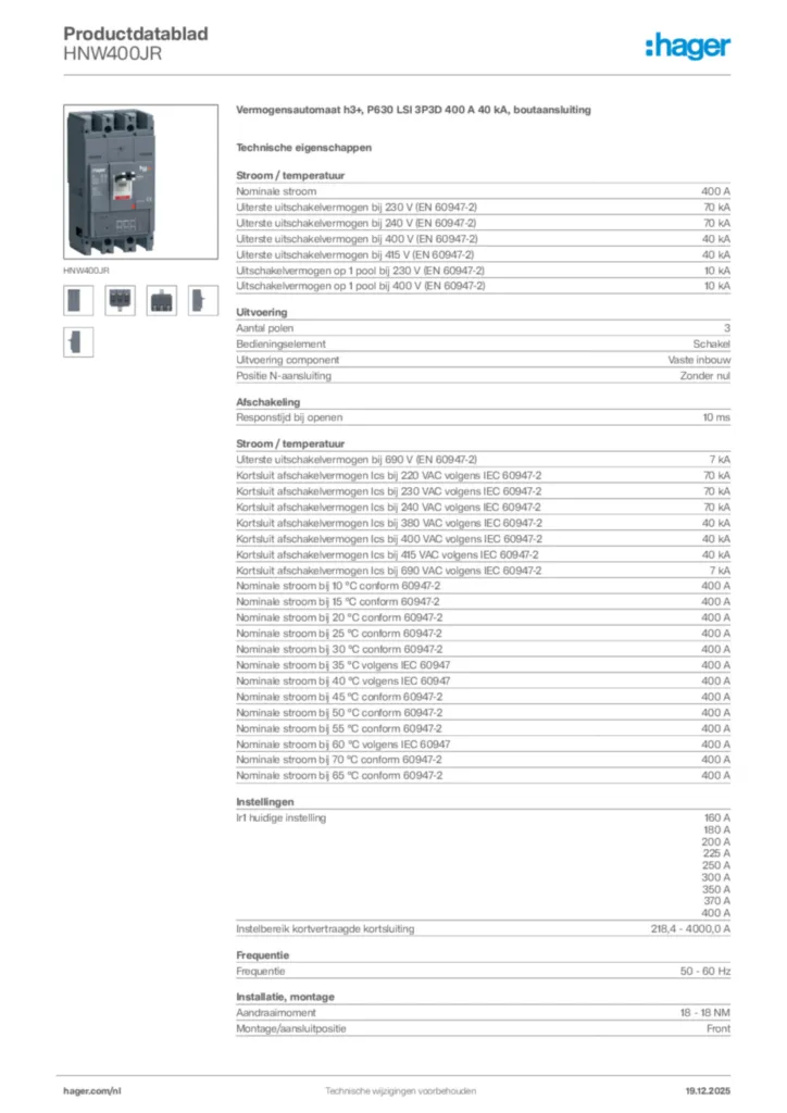 Afbeelding Hager Productdatablad HNW400JR | Hager Nederland