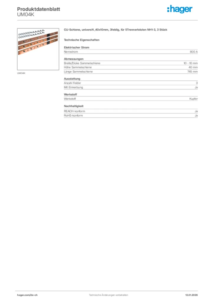 Bild Hager Produktdatenblatt UM04K | Hager Schweiz