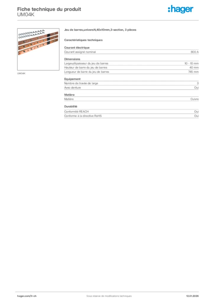 Image Hager Fiche technique du produit UM04K | Hager Suisse