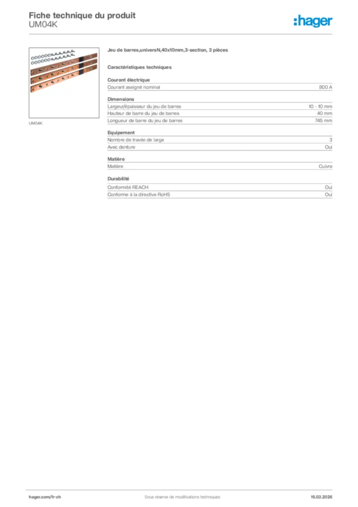 Image Hager Fiche technique du produit UM04K | Hager Suisse