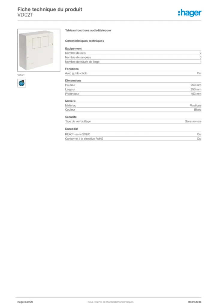 Image Hager Fiche technique du produit VD02T | Hager France