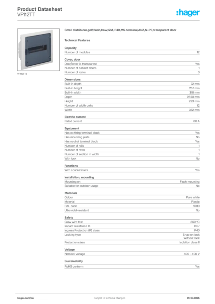 Image Hager Product data sheet VF112TT  | Hager Australia