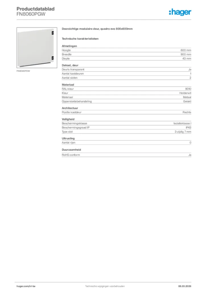 Afbeelding Hager Productdatablad FN8060PGW | Hager Belgium