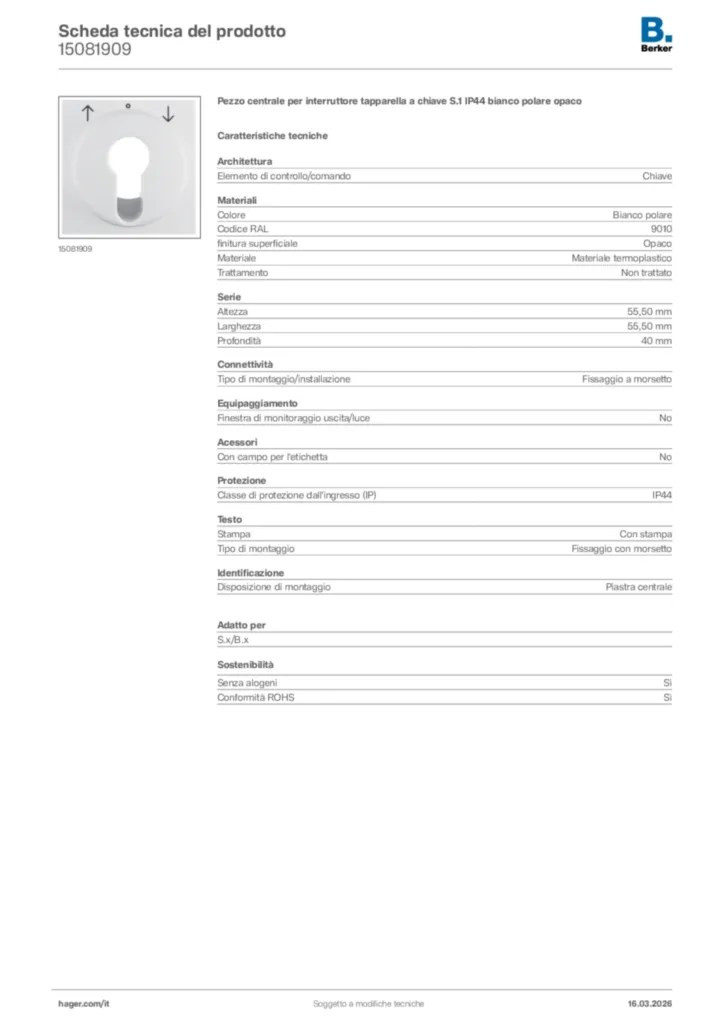 Immagine Berker Scheda tecnica del prodotto 15081909 | Hager Italia