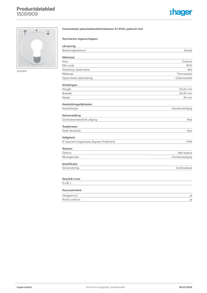 Afbeelding Hager Productdatablad 15081909 | Hager Nederland