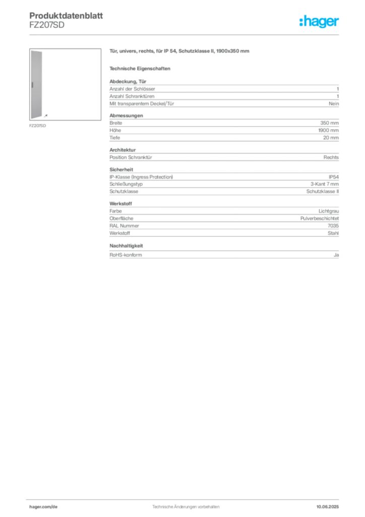 Bild Hager Produktdatenblatt FZ207SD | Hager Deutschland