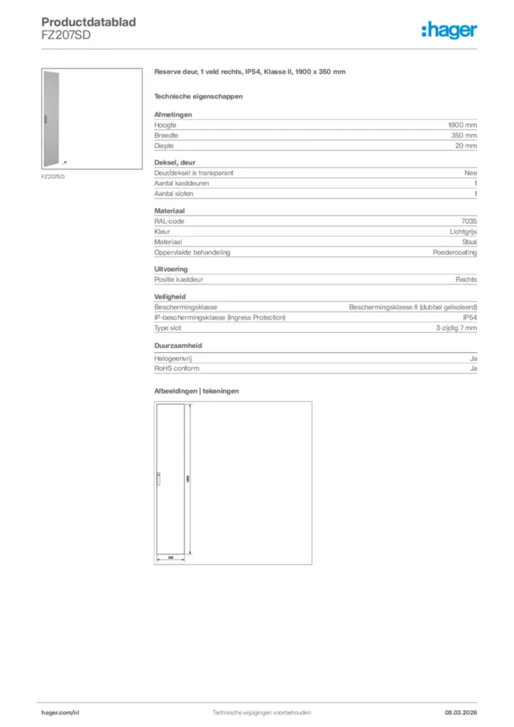 Afbeelding Hager Productdatablad FZ207SD | Hager Nederland