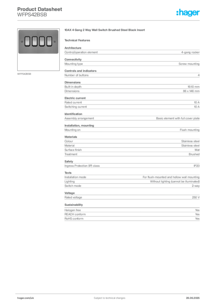 Image Hager Product data sheet WFPS42BSB  | Hager