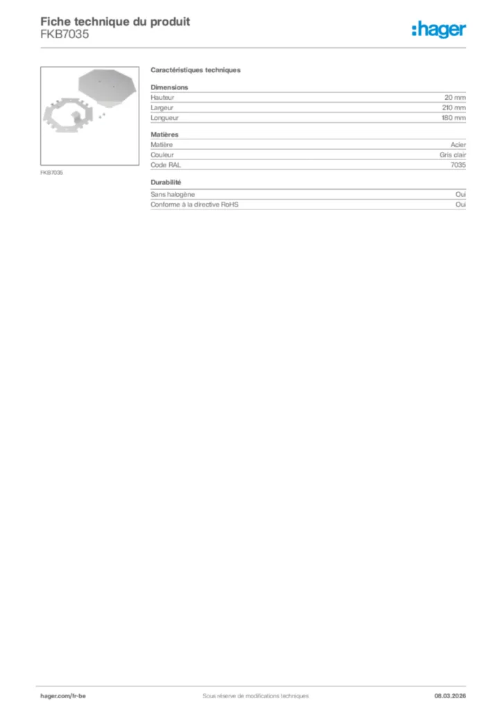 Image Hager Fiche technique du produit FKB7035 | Hager Belgique