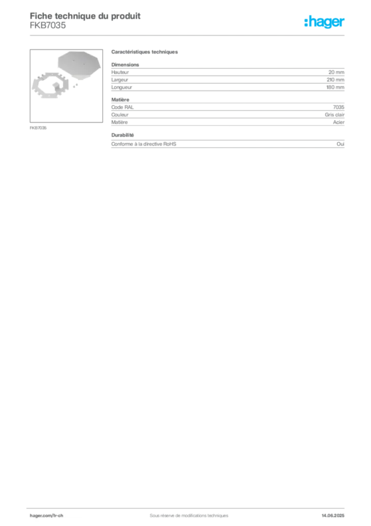 Image Hager Fiche technique du produit FKB7035 | Hager Suisse